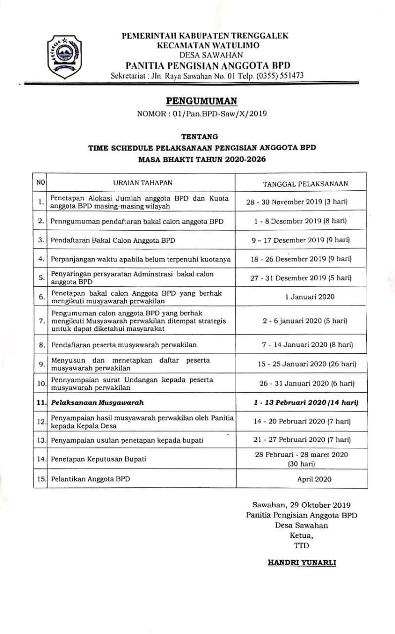 TIME SCHEDULE PENGISIAN ANGGOTA BPD DESA SAWAHAN MASA BHAKTI 20202026